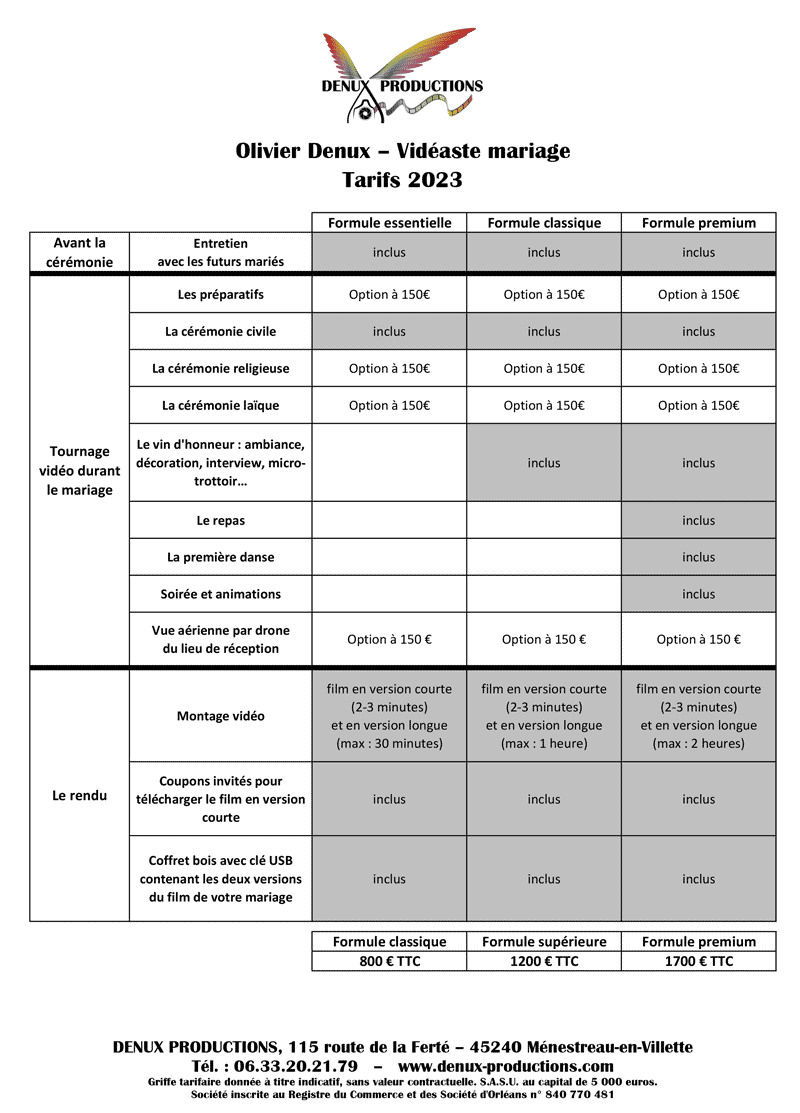videaste mariage region centre - orleans : grille tarifaire des differentes formules vidéos - film de mariage
